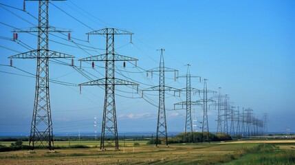 Poster - A row of electrical transmission towers stretching into the horizon, conveying the power and reach of modern infrastructure.