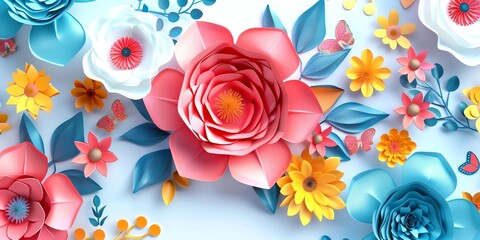 HD, 16k, empty space in center area, beautiful retro modern trendy Paper cut flowers bold and big 3D, minimalis element, background white aspect ratio 2:1