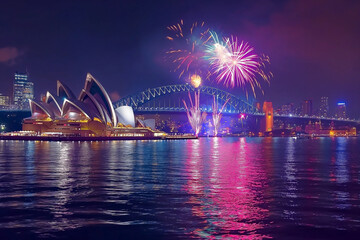 The view of Sydney City with Opera house and fireworks and cruise in celebrating festival at Sydney