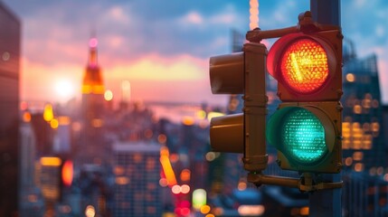 Aufkleber - A traffic light changing to green with a blurred cityscape background, symbolizing movement and progress.