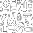 Vector pattern of plastic garbage, hand-drawn in the style of doodles. Recycling of plastic products.