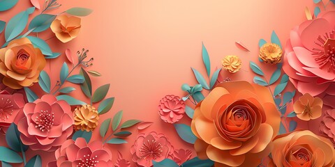 HD, 16k, empty space in center area, beautiful retro modern trendy Paper cut flowers bold and big 3D, minimalis element, background aspect ratio 2:1