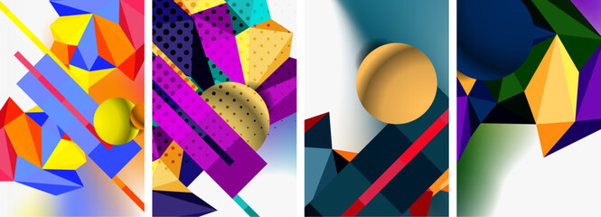 Poster - A vibrant textile art piece featuring a collage of geometric designs in rectangles, circles, triangles, and an electric blue and violet color palette on a white background