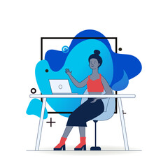 Fototapete - Blogger waving hello at monitor. Woman using laptop for video call flat vector illustration. Communication, blog concept for banner, website design or landing web page
