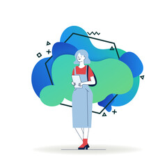 Fototapete - Cartoon woman using tablet. Female student standing and holding digital device flat vector illustration. Free Wi-Fi, communication concept for banner, website design or landing web page