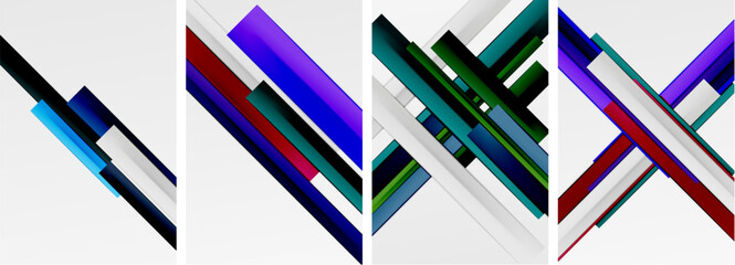 Poster - A mesmerizing art piece featuring a pattern of electric blue and magenta geometric shapes rectangles, parallel lines, and logos on a white background