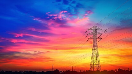 Poster - Silhouette of a power line tower at sunset, highlighting the silhouette against a colorful sky, representing the transition to night.