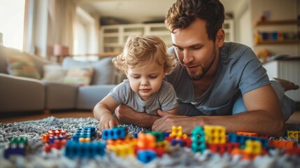 Building together, father and little boy, engaging in furniture setup, spacious room, morning light, playful and productive, AI Generative