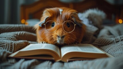 Wall Mural - comical guinea pig in eyewear perusing a novel, cute and intellectual, AI Generative