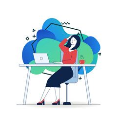 Fototapete - Stressed woman using laptop. Female employee looking at screen and holding head flat vector illustration. Communication, bad news concept for banner, website design or landing web page