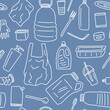 Vector pattern of plastic garbage, hand-drawn in the style of doodles. Recycling of plastic products.