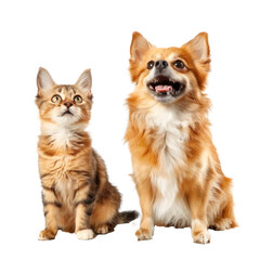 Wall Mural - Dog and cat smiling while looking up same direction, full body on transparency background PNG
