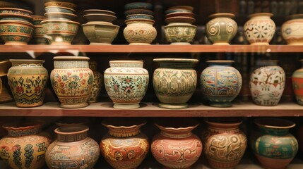 Pots with intricate patterns and designs are lined up on a shelf each representing a different historical era and region from ancient Egypt to Ming Dy China..