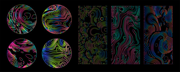Poster - Set of linear retrofuturistic geometric shapes and forms with glitchy trippy pattern in neon holographic vibrant colors. 