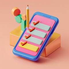 Wall Mural - Design a 3D render illustration that features a modern smartphone displaying a vibrant checklist app, with a pencil poised to mark off completed tasks, AI Generative