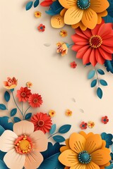 HD, 16k, empty space in center area, beautiful retro modern trendy Paper cut flowers bold and big 3D, minimalis element, background, aspect  ratio 2:3