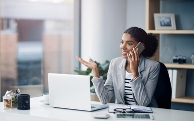 Aufkleber - Phone call, laptop and business black woman in office for talking, networking and discussion. Corporate, professional and person on smartphone and computer for planning, online chat or communication