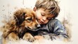 Create a heartwarming scene of a childs tender embrace with their loyal pet using soft watercolors Illustrate the bond through expressive eyes and gentle strokes to evoke a sense o