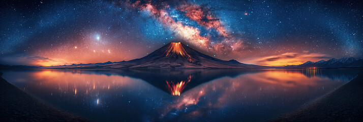 Wall Mural - night landscape panorama with active erupting volcano against background of starry sky with milky wa