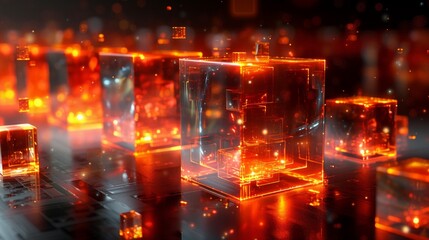 Wall Mural - Neon cubes in an abstract 3D background, glowing edges, suspended in virtual space, panoramic view, digital rendering, vivid and captivating, AI Generative