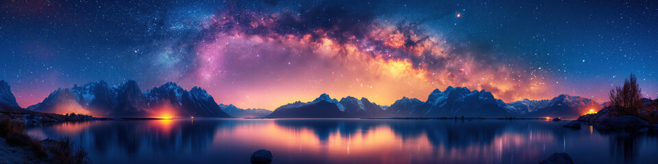 Wall Mural - landscape with milky way in night starry sky against magic bright background of mountains and waters