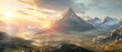 A 3D render of a serene mountain landscape with a majestic peak, highlighted by the rising sun, Sharpen Landscape background