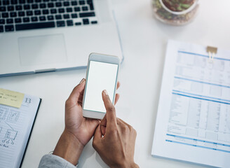 Aufkleber - Office, scroll and hands of woman with phone screen, mockup and financial planning online. ERP, business and person at desk with mobile app, connection or networking on website, smartphone or contact