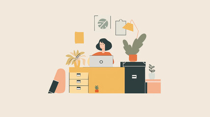Poster - Simplistic design of a woman focused on her work in a contemporary office space with houseplants