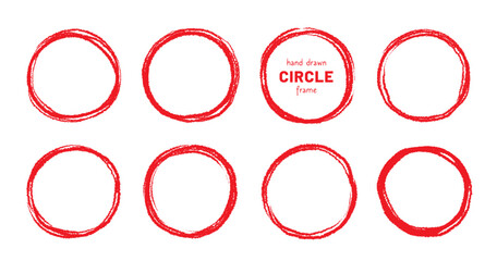 Wall Mural - Round brush stroke red stamp vector frame. Hand drawn rough scribble red effect line. Paint color crayon brush stroke frame. Scribble hand drawn grunge doodle circle set. Vector illustration