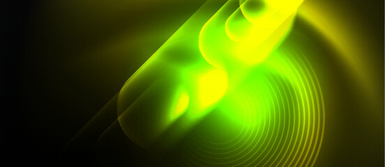 Poster - A macro photograph showcasing a vibrant green and yellow circle of light against a black background. The pattern resembles a terrestrial plant, creating an artistic display in the darkness