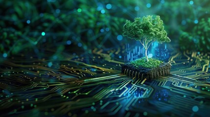 trees grow at the converging points of computer circuit boards. blue light network background and wi