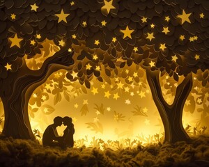 Intricate paper stars hang above a scene where two lovers share a quiet moment under a paper oak tree, glowing softly, paper art style concept