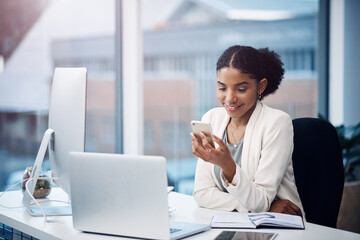 Poster - Business woman, office and smile from phone text with a content creator with social media break. Desk, creative agency and African professional with internet, app and happy from online message