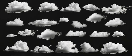 an array of white clouds in various shapes on a stark black background
