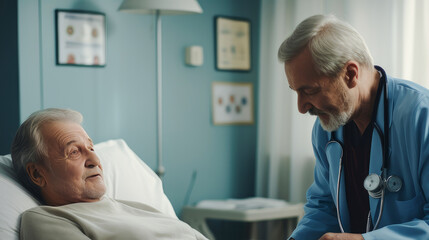 An old elderly patient in poor condition is a patient who needs help from a doctor in a medical hospital with modern equipment.