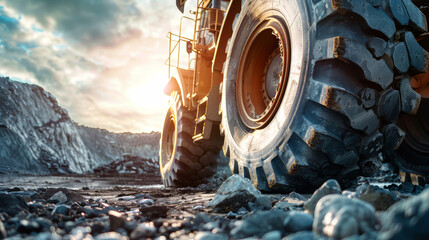 Wall Mural - A powerful, large truck navigates down a rocky road on a construction site, its wheels and tires kicking up dust and rocks