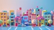  3D render mini town illustration 16K cute landscape aspect ratio 2:1 pastel color, happy color, for kids banner, kids event