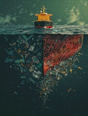 Craft a visually striking graphic portraying the rear view of a large ship dumping waste into the ocean, juxtaposed with a futuristic concept of how sustainable ships could operate