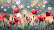 field of red poppy flowers with magical bokeh hearts