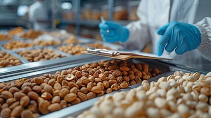 Idea Nut plant, food industry. Worker at a lab using a clipboard to monitor the quality of nut pine cedar on a white background