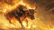 Intense energy emanates from a fiery bull set against a vivid setting