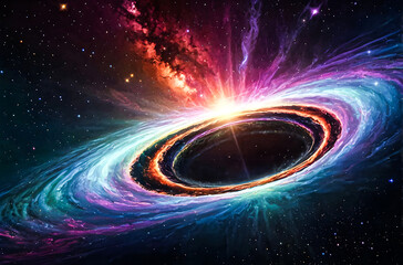  A rainbow-colored wormhole swirling with cosmic energy, with a spaceship flying through on a journey to distant galaxies vector art illustration image.
