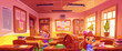 Little kids with books in school classroom. Cartoon vector illustration of cute child boy and girl in class interior with large windows, wooden desks and chairs, bulletin board and supplies.