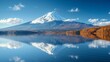 Mount Fuji reflection on Lake Kawaguchiko, Japan. Blue sky, Winter