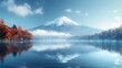 Fuji Mountain reflection on Lake Kawaguchiko calm water, Japan. Blue sky, Autumn 
