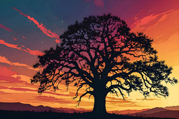 Lone tree standing tall against a vibrant evening sky vector art illustration image.
