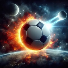 a photo realistic soccer ball as a planet in space with fire and explosions digital art