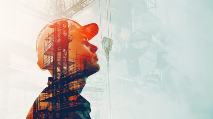Wall Mural - A creative composition showing a construction crane overlaid with an engineer in a hard hat, emphasizing teamwork and progress.