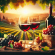 two red wine glasses on wooden table with grapes on blurred vineyard landscape background