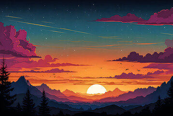 Wall Mural - mountain range silhouetted against a colorful sunset vector art illustration.